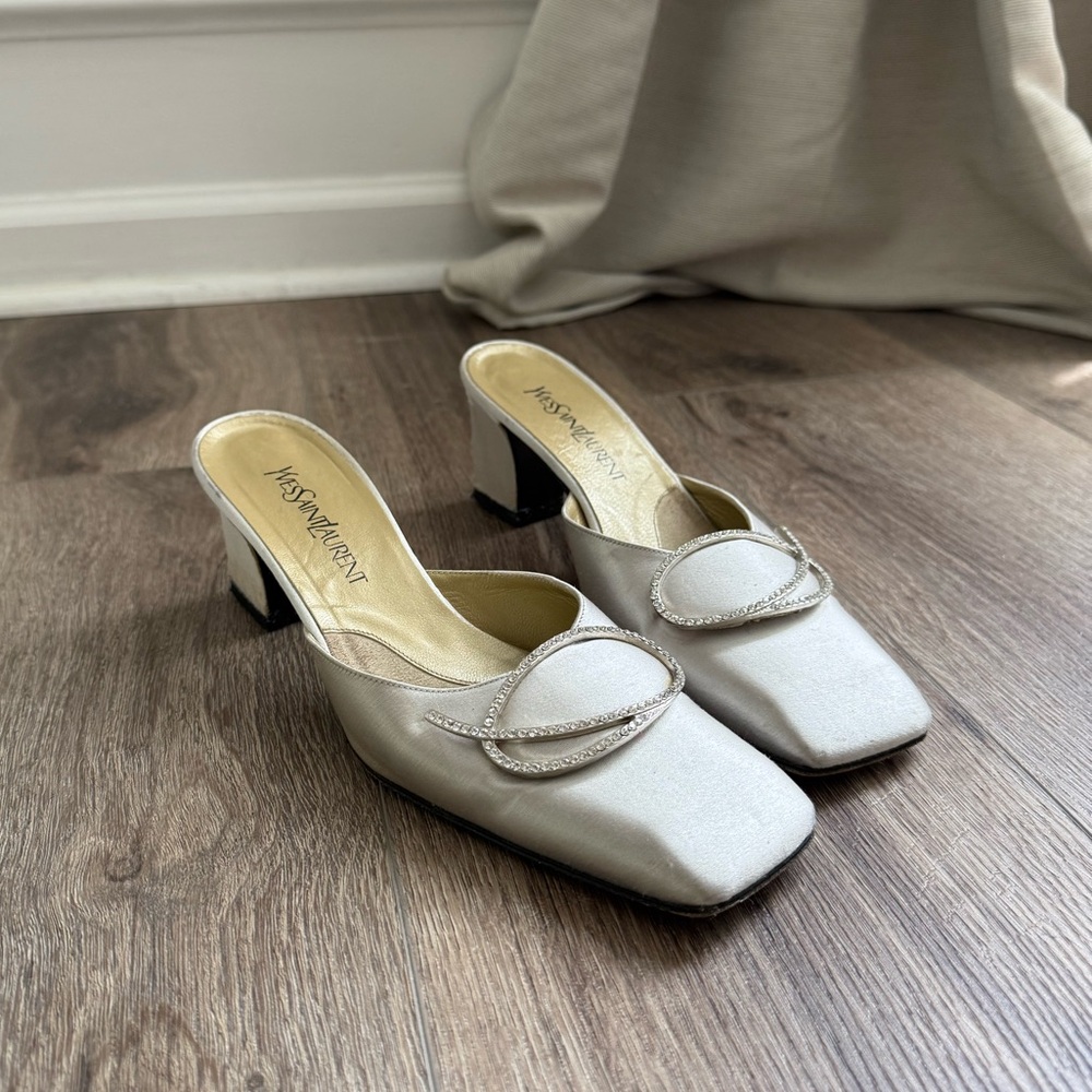 Yves Saint Laurent Ivory Satin Crystal-Trim Slip-On Mules - Picture 12 of 13